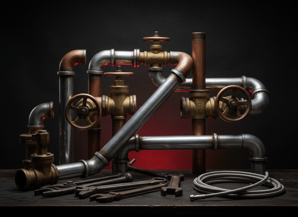 Dramatic dark moody close-up of chrome and copper plumbing pipes and valves against a deep charcoal black background, industrial professional plumbing tools arranged, cinematic low-key lighting with subtle red accent glow, high contrast, photographic, no text