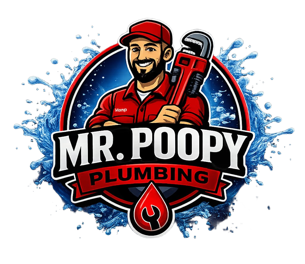 Remove the black background from this logo image, making it transparent so only the Mr. Poopy Plumbing circular logo graphic remains.